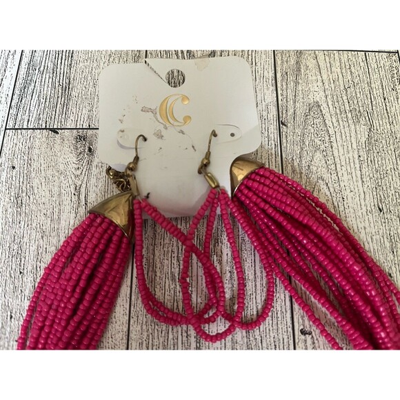 Charming Charlie Hot Pink Bronze Tone Seed Bead Layered Necklace Earrings Set - Picture 4 of 6